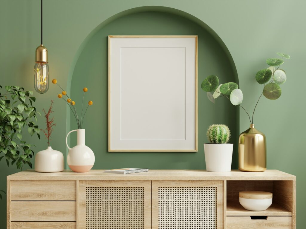 Mockup photo frame green wall mounted on the wooden cabinet